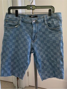 Nova Men Blue Checkerboard Denim Jean Shorts Raw Hem Sz 34 Cotton & Spandex